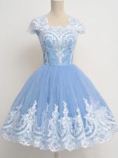  Light Blue Zipper Quinceanera Dama Dress Lace Cap Sleeves Knee Length