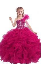  Fuchsia Ball Gowns Organza One Shoulder Sleeveless Beading and Ruffles Floor Length Lace Up Little Girls Pageant Gowns