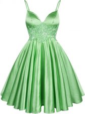 Hot Sale Green Elastic Woven Satin Lace Up Spaghetti Straps Sleeveless Knee Length Quinceanera Dama Dress Lace