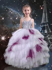  White Pageant Gowns For Girls Quinceanera and Wedding Party with Beading and Ruffled Layers Straps Sleeveless Lace Up
