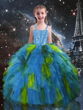 Stylish Floor Length Baby Blue Little Girls Pageant Gowns Tulle Sleeveless Beading and Ruffles