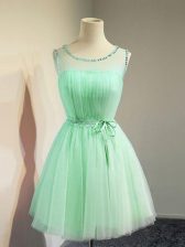 Admirable Apple Green Sleeveless Belt Knee Length Dama Dress