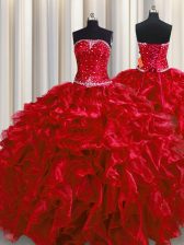 Glamorous Wine Red Organza Lace Up Ball Gown Prom Dress Sleeveless Floor Length Beading and Ruffles