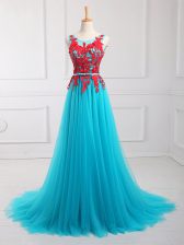 High End Aqua Blue Scoop Zipper Lace and Appliques Evening Dress Brush Train Sleeveless