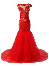 Attractive Red Scoop Zipper Lace and Appliques and Ruching Homecoming Dress Brush Train Cap Sleeves