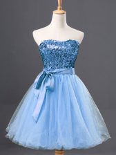 Free and Easy Sleeveless Tulle Mini Length Zipper Prom Evening Gown in Light Blue with Sequins