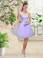 Inexpensive Lilac Lace Up Damas Dress Lace and Belt Sleeveless Knee Length