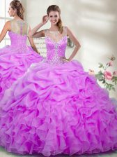 High End Scoop Sleeveless Organza Quince Ball Gowns Beading and Ruffles Zipper