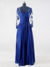 Beautiful Blue V-neck Zipper Lace and Appliques Dress for Prom Long Sleeves