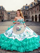 Amazing Sleeveless Organza and Taffeta Floor Length Lace Up Quince Ball Gowns in Turquoise with Embroidery and Ruffled Layers