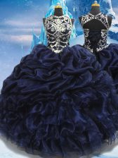  Sleeveless Floor Length Appliques and Ruffles and Pick Ups Lace Up 15th Birthday Dress with Navy Blue