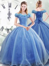  Sleeveless Pick Ups Lace Up 15th Birthday Dress with Light Blue Brush Train