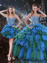 Modern Sleeveless Lace Up Floor Length Beading and Ruffles and Ruffled Layers Vestidos de Quinceanera