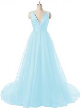  Sleeveless Brush Train Ruching Backless Evening Dress