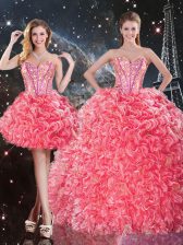 Clearance Floor Length Three Pieces Sleeveless Coral Red 15 Quinceanera Dress Lace Up