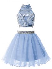  A-line Vestidos de Damas Light Blue High-neck Organza Sleeveless Knee Length Zipper