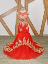 Stunning Coral Red Tulle Zipper Dress for Prom Sleeveless Brush Train Beading and Lace and Appliques