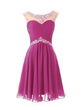 Traditional Fuchsia Cap Sleeves Knee Length Beading Zipper Prom Dress