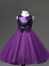  Sequins and Bowknot Little Girl Pageant Gowns Purple Zipper Sleeveless Tea Length