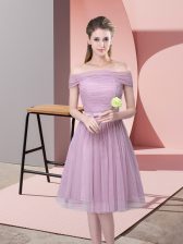 Attractive Ruching and Belt Vestidos de Damas Lavender Side Zipper Sleeveless Knee Length