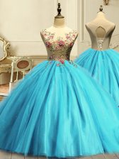 Romantic Sleeveless Tulle Floor Length Lace Up Ball Gown Prom Dress in Aqua Blue with Appliques and Sequins