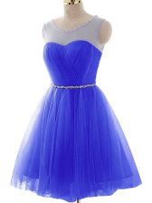  Sleeveless Mini Length Beading and Ruching Lace Up Prom Dresses with Blue