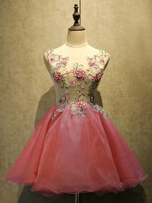  Coral Red Sleeveless Mini Length Embroidery Lace Up Homecoming Dress