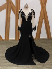 Custom Fit Black Zipper Scoop Lace and Appliques Chiffon Long Sleeves Brush Train
