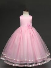  Baby Pink Sleeveless Hand Made Flower Floor Length Little Girls Pageant Dress Wholesale
