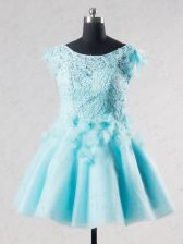 Stunning Aqua Blue Backless Lace and Appliques and Hand Made Flower Short Sleeves Mini Length