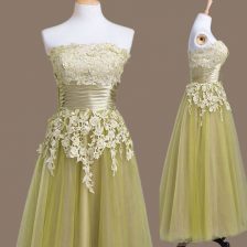 Chic Sleeveless Lace Up Tea Length Appliques Quinceanera Dama Dress