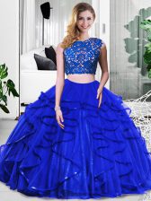 Traditional Floor Length Zipper Quinceanera Gowns Royal Blue for Military Ball and Sweet 16 and Quinceanera with Lace and Ruffles