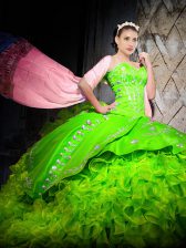 Low Price Sleeveless Brush Train Lace Up With Train Embroidery and Ruffles Vestidos de Quinceanera