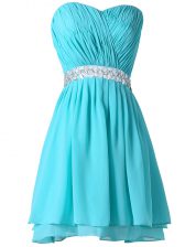  Sleeveless Chiffon Mini Length Lace Up in Aqua Blue with Beading and Ruching