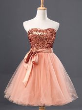 Best Peach Sleeveless Mini Length Sequins Zipper Dress for Prom