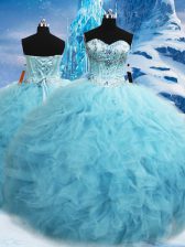 Romantic Floor Length Ball Gowns Sleeveless Aqua Blue 15th Birthday Dress Lace Up