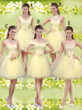 Lovely V-neck Sleeveless Lace Up Quinceanera Dama Dress Light Yellow Tulle