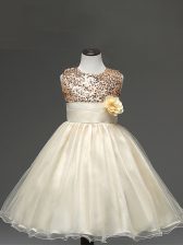 Enchanting Champagne Zipper Kids Pageant Dress Sequins and Hand Made Flower Sleeveless Knee Length