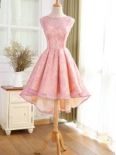 Noble Pink Lace Backless Bateau Sleeveless High Low Homecoming Dress Lace and Appliques