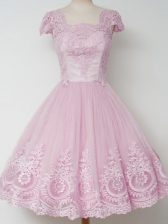 Captivating Cap Sleeves Knee Length Lace Zipper Dama Dress for Quinceanera with Lilac