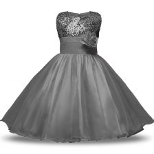 Best Bowknot and Belt and Hand Made Flower Flower Girl Dress Grey Zipper Sleeveless Knee Length