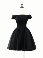  Black Off The Shoulder Neckline Ruching Prom Dress Sleeveless Lace Up