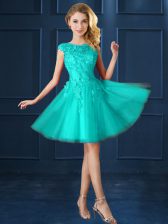 Fashionable Tulle Bateau Cap Sleeves Lace Up Lace and Belt Dama Dress for Quinceanera in Turquoise