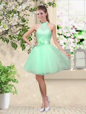  Apple Green A-line Halter Top Sleeveless Tulle Knee Length Lace Up Lace and Belt Quinceanera Court Dresses