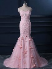  Baby Pink Lace Up Sweetheart Appliques and Hand Made Flower Prom Dresses Tulle Sleeveless Brush Train