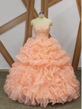  Sleeveless Organza Sweep Train Lace Up Quinceanera Dresses in Peach with Beading and Ruffles and Pick Ups