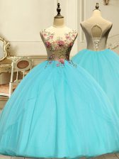 Most Popular Aqua Blue Lace Up Vestidos de Quinceanera Appliques Sleeveless Floor Length