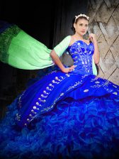  Sleeveless Embroidery and Ruffles Lace Up Quince Ball Gowns with Royal Blue Brush Train