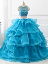  Scoop Sleeveless Tulle Quince Ball Gowns Beading and Ruffles Brush Train Backless