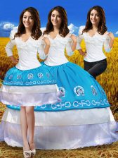 Deluxe Blue And White Sweet 16 Quinceanera Dress Military Ball and Sweet 16 and Quinceanera with Embroidery and Ruffles Off The Shoulder 3 4 Length Sleeve Lace Up